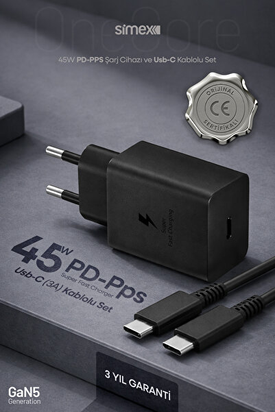 Simex Samsung S22-S23-S24-S25-S26 Serileri Uyumlu - 45W USB-C Şarj Seti 5A Ka...