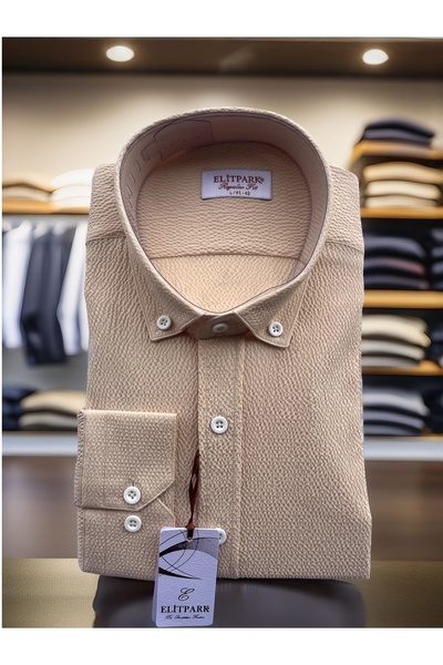 elitpark Erkek Bej Dokulu Düğmeli Yaka %100 Pamuk Uzun Kollu Gömlek