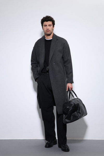 Antioch Antrasit Kuşaklı Oversize Erkek Kaban