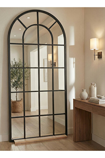 ESMART مرآة كبيرة جدًا بتصميم أنيق 180 × 80 سم - إطار معدني أسود وقاعدة خشبية