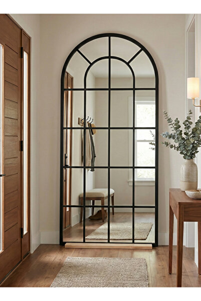 ESMART مرآة كبيرة جدًا بتصميم أنيق 180 × 80 سم - إطار معدني أسود وقاعدة خشبية