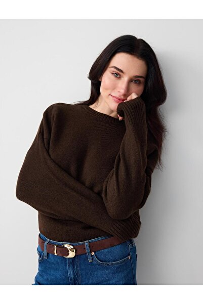 Jimmy Key Pulover tricotat maro cu mânecă lungă și guler tip crew