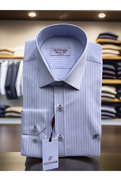 elitpark Pamuklu Beyaz-Kahverengi Çizgili Erkek Gömlek