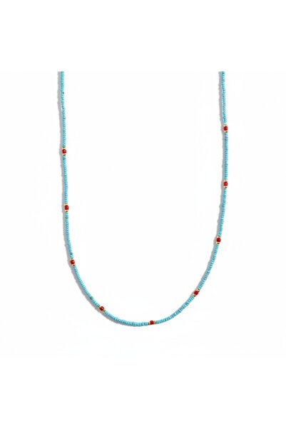 Lithora Jewellery Doğal Turkuaz ve Kırmızı Taşlı 45 cm Gümüş Kolye