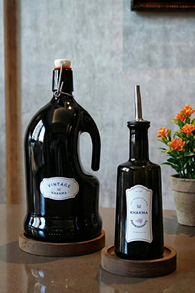 KHAKMA Ahşap Stantlı Siyah Amber 2'li Italyan Zeytinyağı Sıvıyağ Şişesi Yağda...