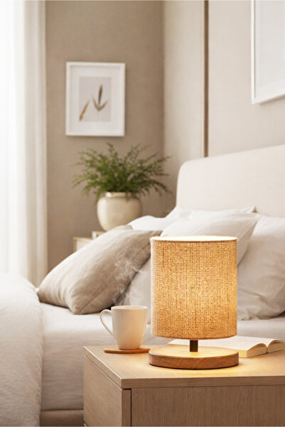 HOMİNG Design Abajur Mini Boy Jüt Çuval Kumaş Ahşap Taban