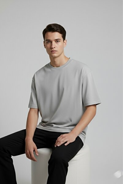 assef Unisex Oversize Wide Cut 100% Cotton Soft Textured Basic Crew Neck Gray...