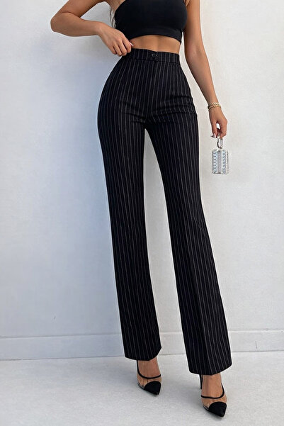 FVTEKSTİL Visoka struka sa rebrastim detaljima - Uske crne palazzo hlače za žene