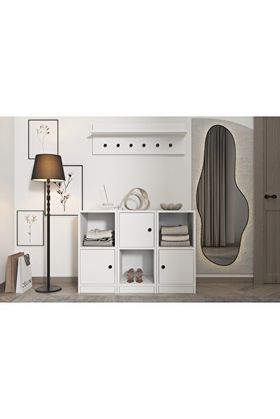Nettrends Duvar Raflı Askılıklı Üç Kapaklı Beyaz Portmanto Çıtasız Prt-1075-ç