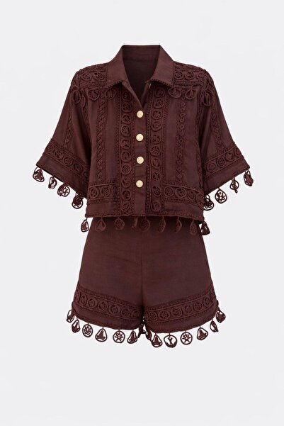 HAZELANNA Set premium maro cu pantaloni scurți și cămașă brodate