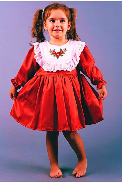 minikiti فستان بناتي عتيق مطرز بأكمام طويلة باللون الأحمر والأبيض، فستان مناس...