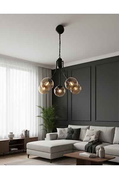 avizade PERA Modern Siyah Metal Gövde 5'li Bal Cam Avize - Lüks Aydınlatma - ...