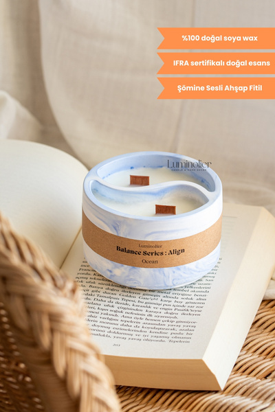 Luminolier Okyanus Kokulu Yin Yang Beton Soya Mum – Ahşap Fitilli, %100 Doğal...