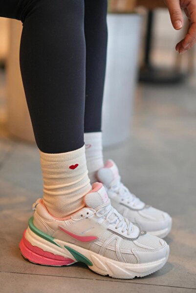 SOLAZER Kadın Beyaz Pembe Sneaker Günlük Spor Ayakkabı 044