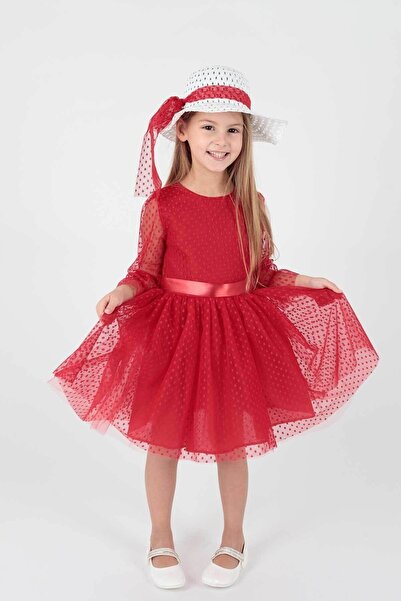 AHENGİM Girl's Hat and Tulle Lace Trend Evening Dress Ak2228