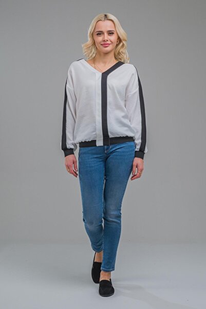 Bold & Young Жіноча блуза з V-подібним вирізом, чорно-біла, комбіновані рукав...