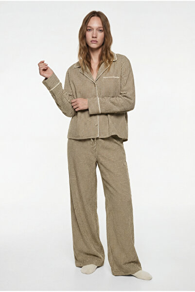 Koton Rahat Kalıp Uzun Kollu Gömlek Yaka Crop Ekoseli Pijama Üstü