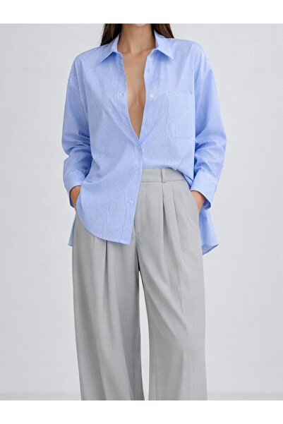 Juste Studio Cămașă Boyfriend albastră oversize din popelin cu model dungi