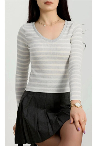 BİGÜMEX V-подібний виріз, смугастий, з довгими рукавами, блуза-кашемір
