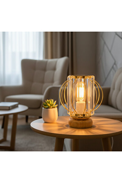 Decodelight Gold Desenli Şapkalı Ahşap Ayaklı Abajur Modelleri