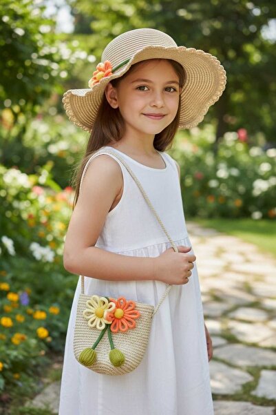 Aware Time 3-8 Yaş Kız Çocuk Hasır Aksesuarlı Fötr Şapka Çanta Set