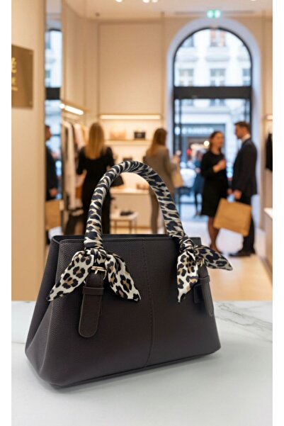 ÇANTA Bitter Brown Shoulder and Hand Bag with Leopard Scarf Detail