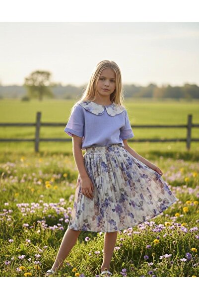 Hilal Akıncı Kids Costum din țesătură de in cu modele florale cu fustă plisată