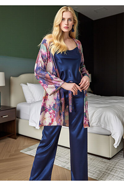 Loule Kadın Saten Baskılı & Lacivert Pijama Takım L.N0.U1.RT.05
