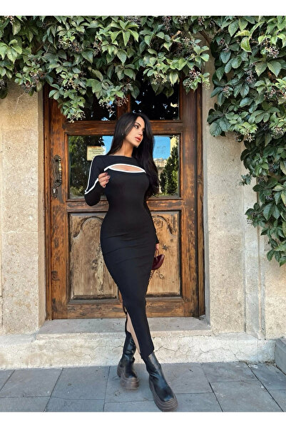 BİGÜMEX Μαύρο φόρεμα με μακρύ καμιζόλα με παράθυρο στο λαιμό