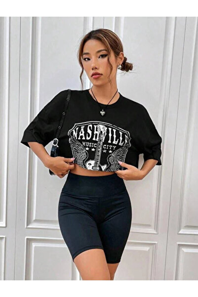 BİGÜMEX Tricou Crop oversize cu imprimeu pentru chitară