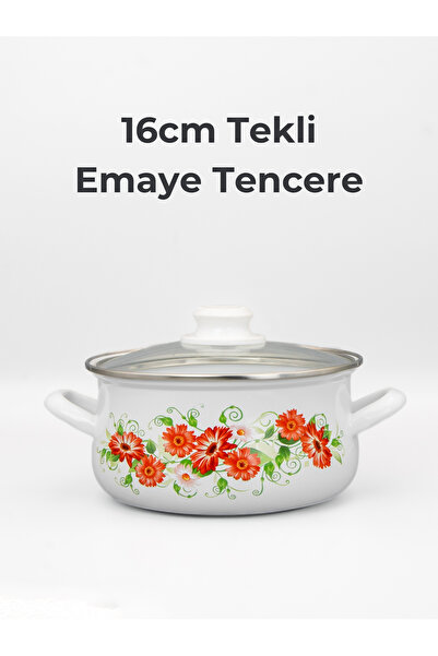 Bonera 16cm Çiçek Desenli Tekli Cam Kapaklı Emaye Güveç Tencere