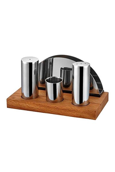 Mutfakkitap Tuzluk Takımı 4lü Ay Peçetelikli Ahşap Standlı Kürdanlıklı