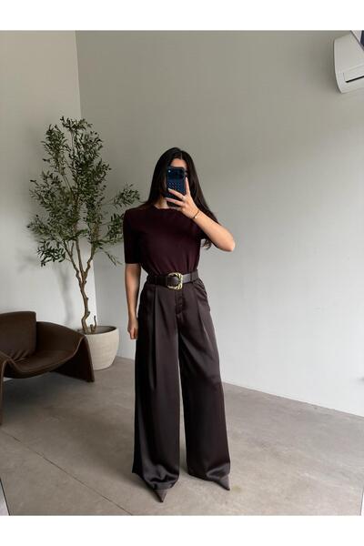 Bade Butik Bitter Brown Belted Wide-Leg Satin Trousers