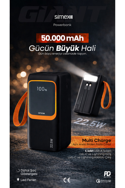 Simex 50.000 Mah Prime Dijital Göstergeli Fener Hızlı Şarj  Çoklu Kablo Power...