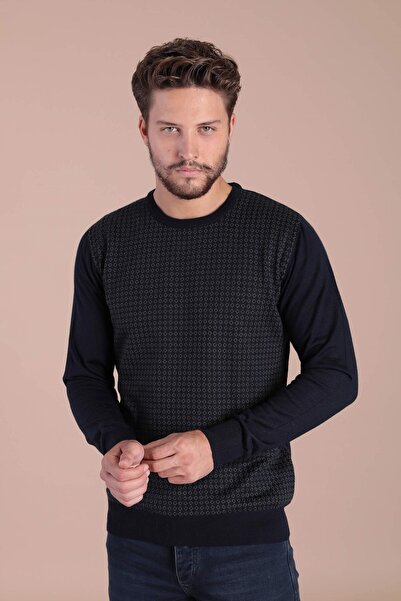 Ferraro Pulover din lână superfină cu guler rotund - Bleumarin/Verde