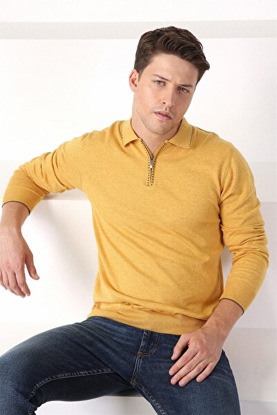 Ferraro K.Sarı Polo Yaka Fermuarlı Erkek Pamuk Kazak