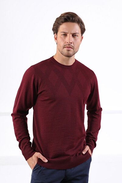 Ferraro Мъжки пуловер от трикотаж от суперфина вълна с кръгло деколте в бордо...