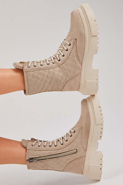 Tonny Black حذاء نسائي طويل من الجلد السويدي الكريمي ومبطن ومريح وأربطة