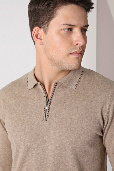Ferraro Bej Polo Yaka Fermuarlı Erkek Pamuk Kazak