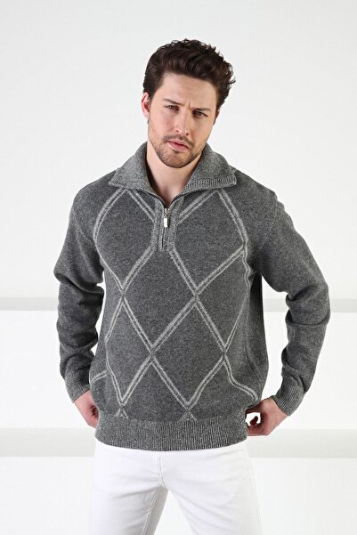 Ferraro Smoked Zippered Stand Collar 100% Lamb Wool Men's Sweater