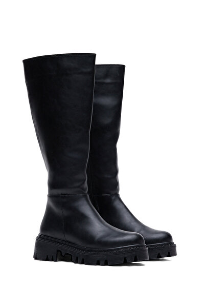 Tonny Black Γυναικείες μαύρες δερμάτινες άνετες μπότες με ψηλή σόλα και φερμουάρ