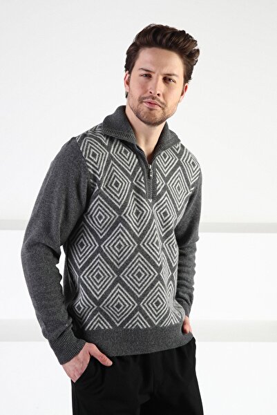 Ferraro Smoked Square Patterned Stand Collar 100% Lamb Wool Men's Sweater