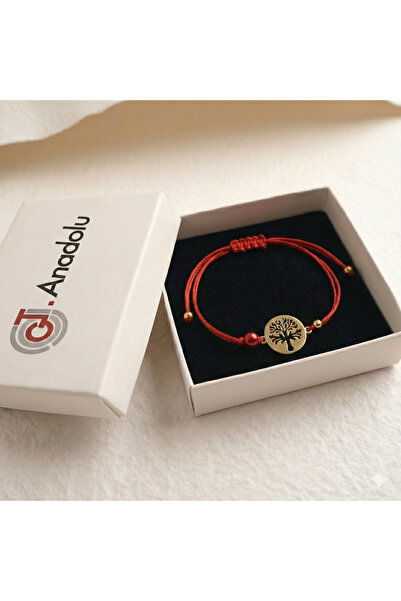 GTD Hayat Ağacı (Gold) Figürlü Kırmızı İp Şans Bilekliği-Sevgililer Günü Özel...