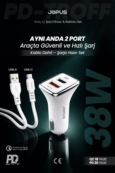 Jopus Type-C Kablolu Araç Şarj Aleti Çakmaklık Seti - Type-C + USB Girişli 38...