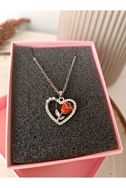 NAS fashion Women's Steel Rose Pearl Detailed Heart Necklace