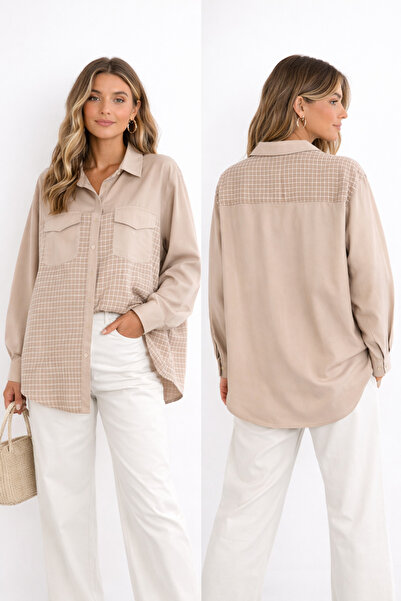 ZARİFSTORE Bej Geniş Kesim Uzun Ekose Krep Gömlek