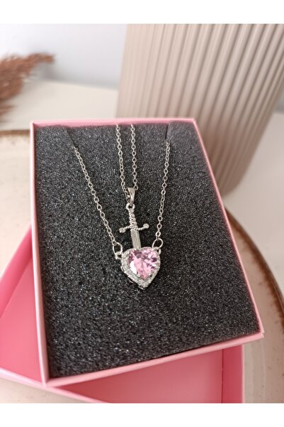 NAS fashion Çelik Kılıç Kalp Pembe Taşlı Pamuk Prenses Ve Avcı Kolye Çift Kol...