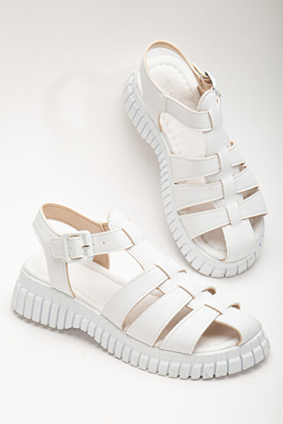 Tonny Black صندل نسائي أبيض بثلاثة أشرطة من البوليستر عالي النعل مع رباط للكاحل