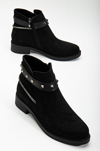 Tonny Black حذاء نسائي أسود من جلد الغزال ذو نعل حراري وسحاب وكعب قصير