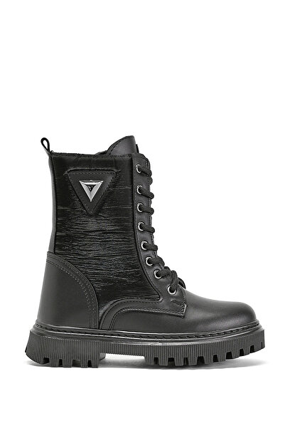 Tonny Black Girl's Black Skin Thermo Sole Lace-up and Zippered Long Boots